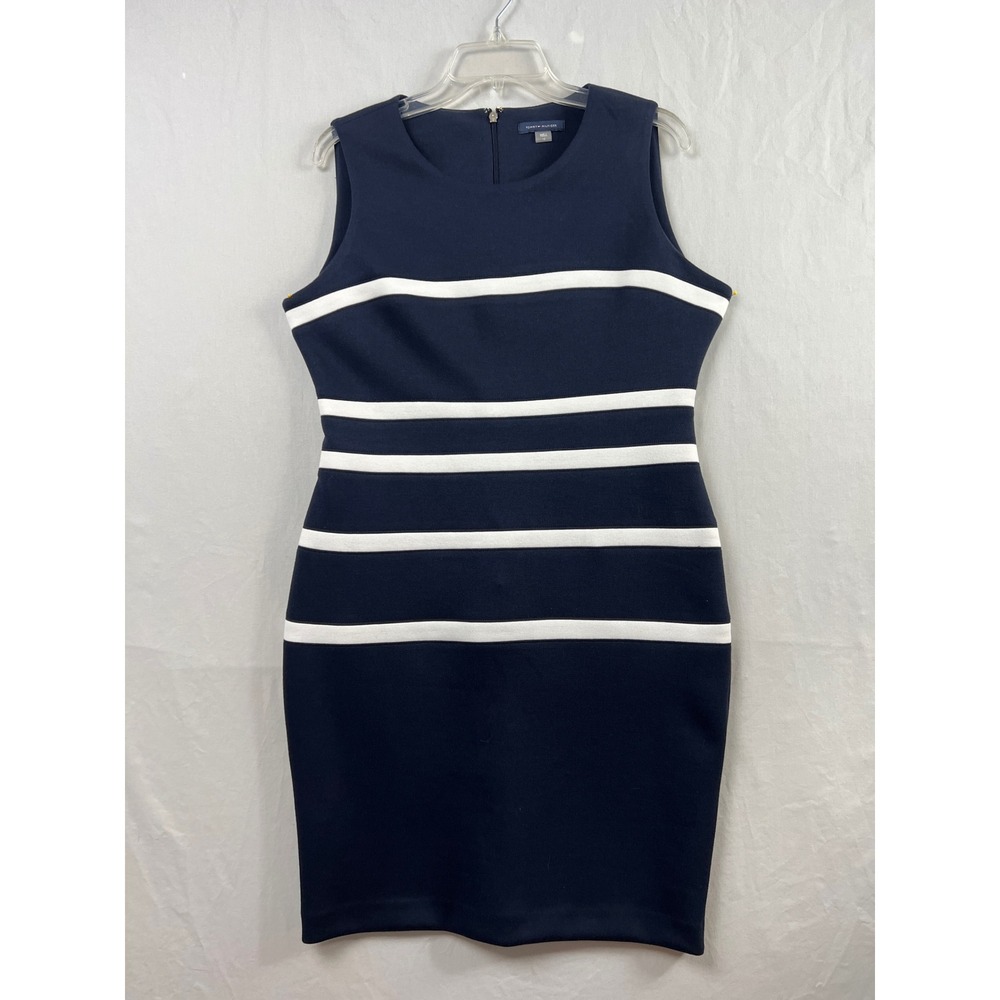 Tommy Hilfiger Sheath Dress Womens 12 Navy Blue White Stripe Sleeveless Knit - Picture 1 of 9